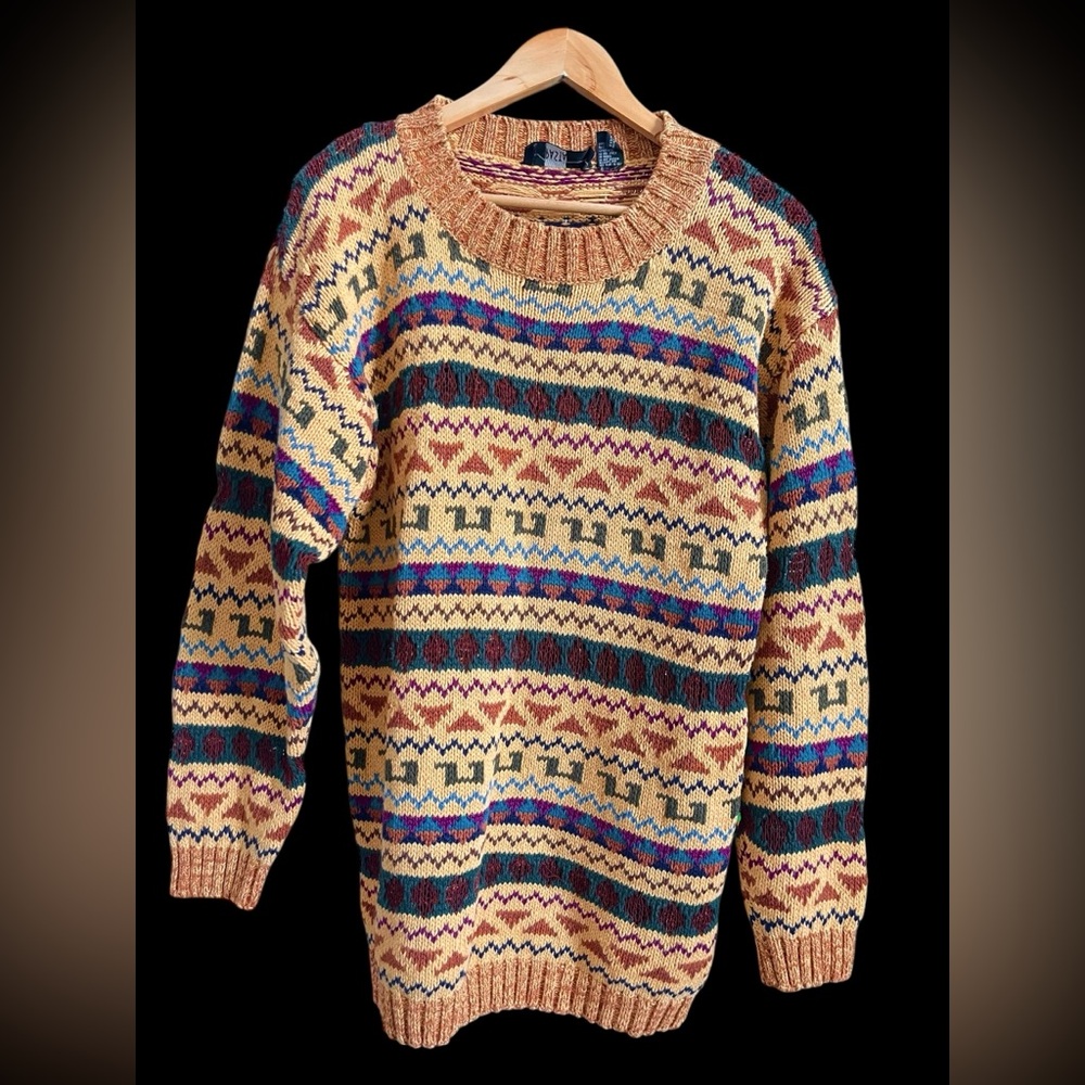 Vintage PASTA Ramie Cotton Knit Sweater Multicolor Geometric Pattern 90s Size L
